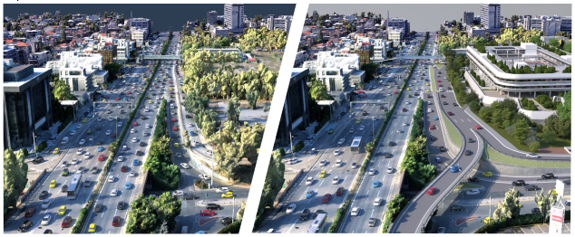 Comparative visualization of the existing conditions and the proposed road configuration
